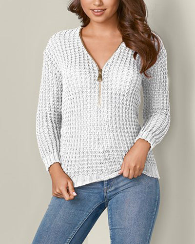 V-Neck Zipper Solid Color Long-Sleeved Sweater