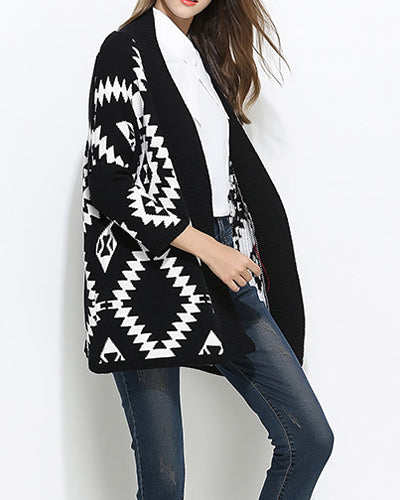 Diamond Jacquard Cardigan Knitted Coat