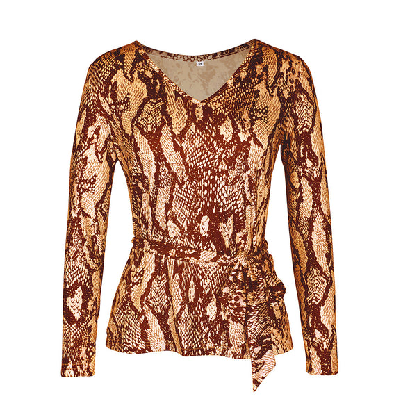 V-Neck Snake Print Long-Sleeved T-Shirt