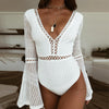 New V-neck Flare Sleeve Stitching Mesh Hollow Bodysuit