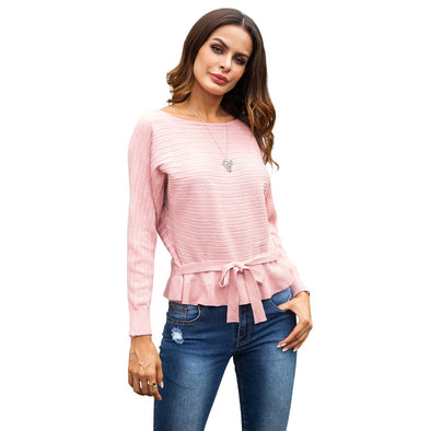 Solid Color Flounced Bandage Round Neck Sweaters