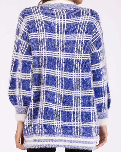 New V-Neck Long-Sleeved Loose Plaid Sweater Coat