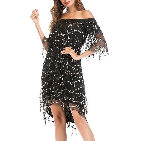 Off Shoulder Flare Sleeve Sequin Irregular Evening Dress