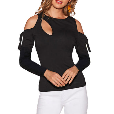 Long Sleeved Off-The-Shoulder Round Neck T-Shirt