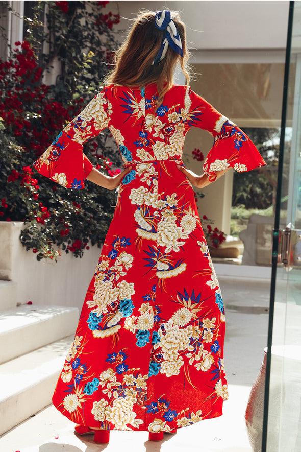 Casual Printed Deep V-Neck Flare sleeve Bohemian Maxi Dress