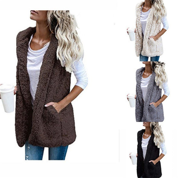 Women's Plush Vest Hooded Cardigan Coat