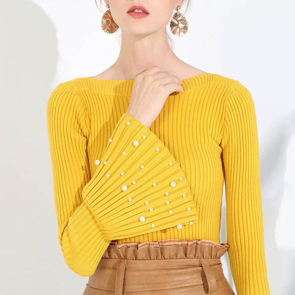 Off Shoulder Flare Sleeve Beading Sweater