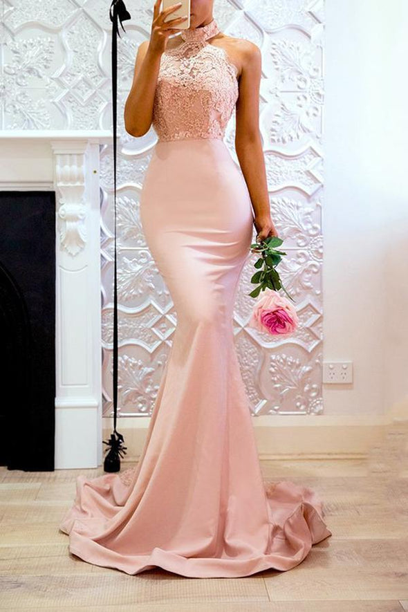 Pink Halter Neck Fishtail Wedding Bodycon Maxi Evening Dress