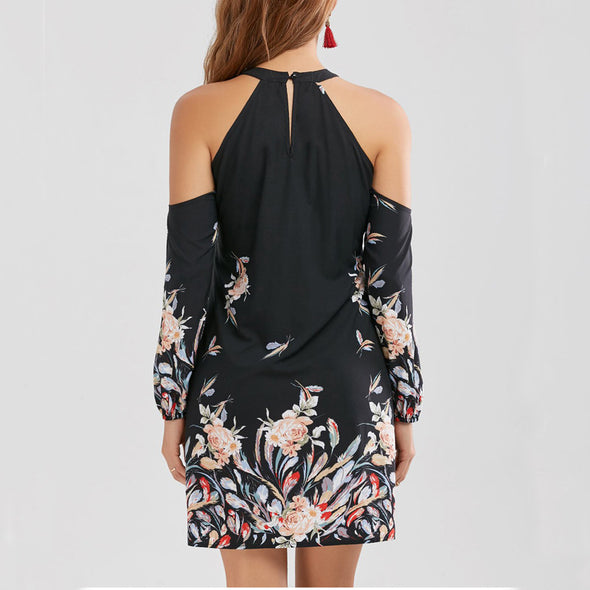 Round Neck Halter Strapless Long Sleeve Print Dress