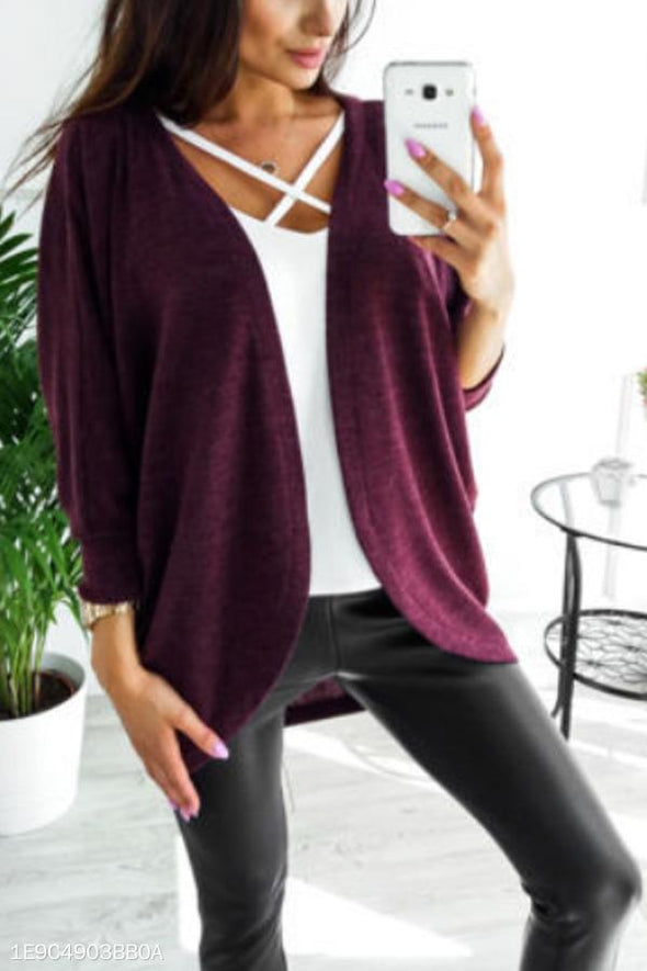 Asymmetric Neck  Snap Front  Plain Cardigans