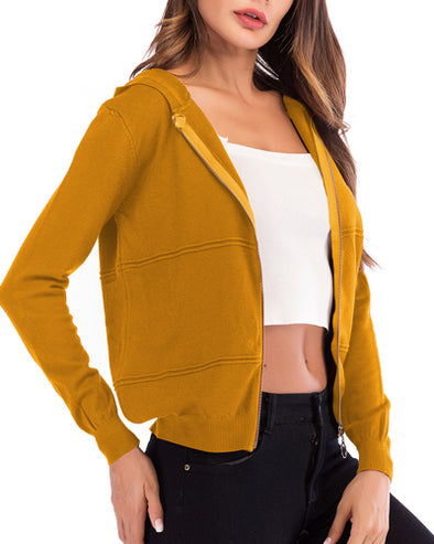 Solid Color Hooded Zipper Long Sleeve Knit Cardigan