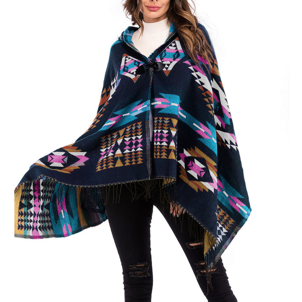 New Geometric Pattern Tassel Hooded Shawl Coat