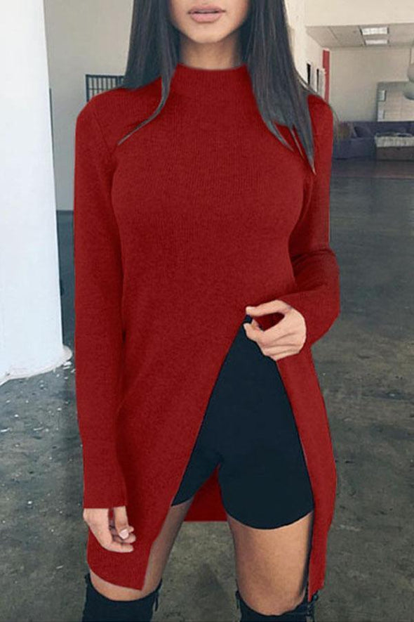 Band Collar  Asymmetric Hem  Plain Sweaters