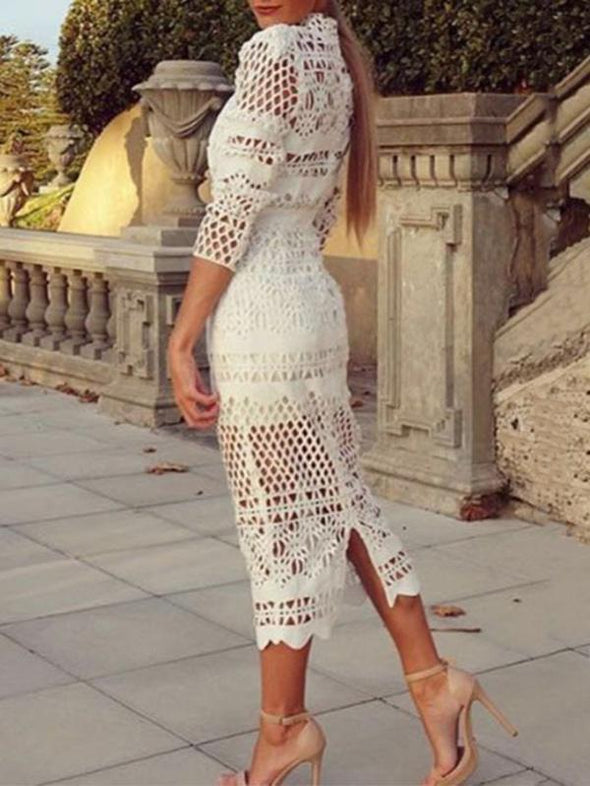 Solid Color Round Neck Long Sleeve Stitching Bodycon Dress