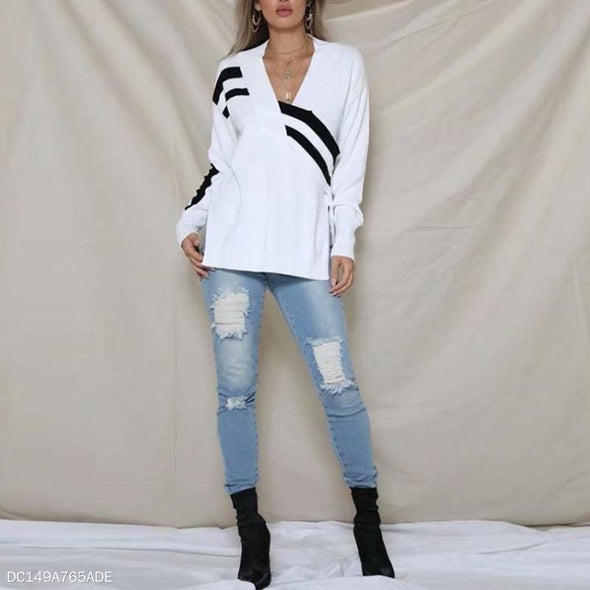 Fashion Knitting V-Neck Irregular Long Sleeves Sweater