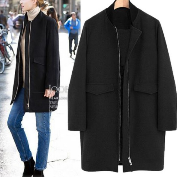 Simple Slim Pure Color Long Sleeve Woolen Coat