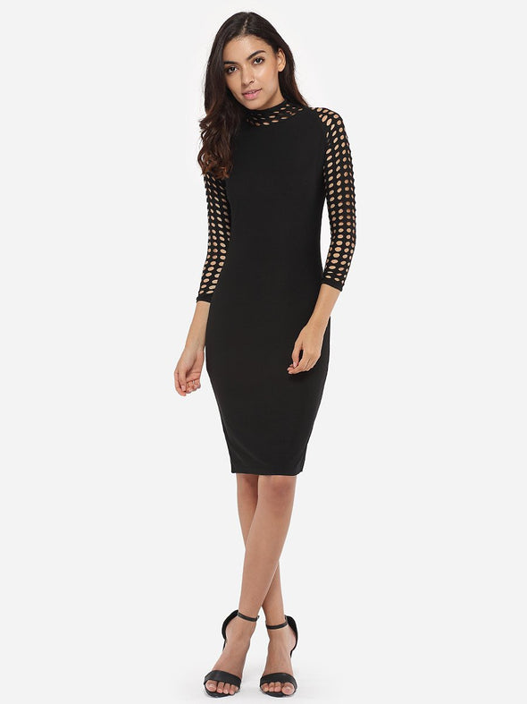 Hooded Dacron Hollow Out Plain Bodycon Dress