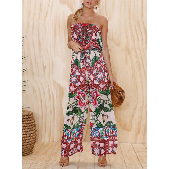 Fashion Printing Flower Strapless Jumpsuit