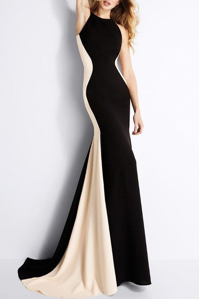 Crew Neck Color Block Mermaid Evening Dress