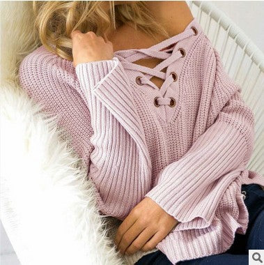 Long Sleeved Loose V-Neck Tie Sweater