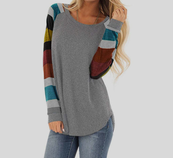 Round Neck Contrast Stitching Long Sleeve T-Shirt