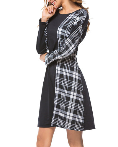 New Round Neck Black Plaid Long Sleeve Dress