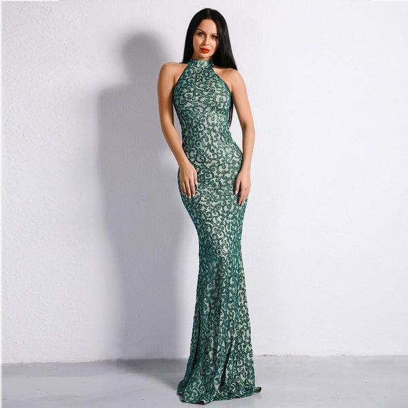 Sexy High Neck Sleeveless Glitter Retro Dresses Women Maxi Party Elegant Dress