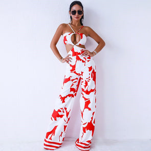 Sexy sleeveless  backless hollow out print   jumpsuit