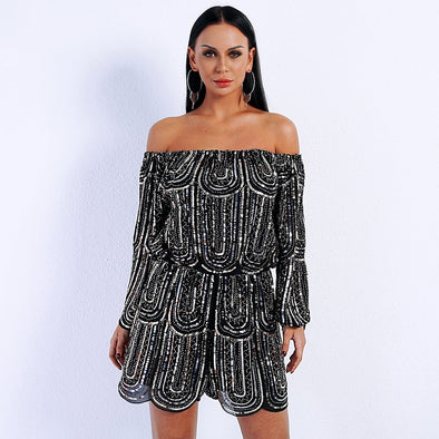 Long sleeved one-shoulder irregular sequined jumpsuit