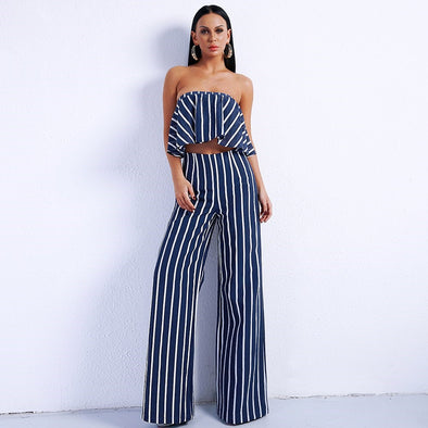 Women's two-piece striped tube top + straight pants suit