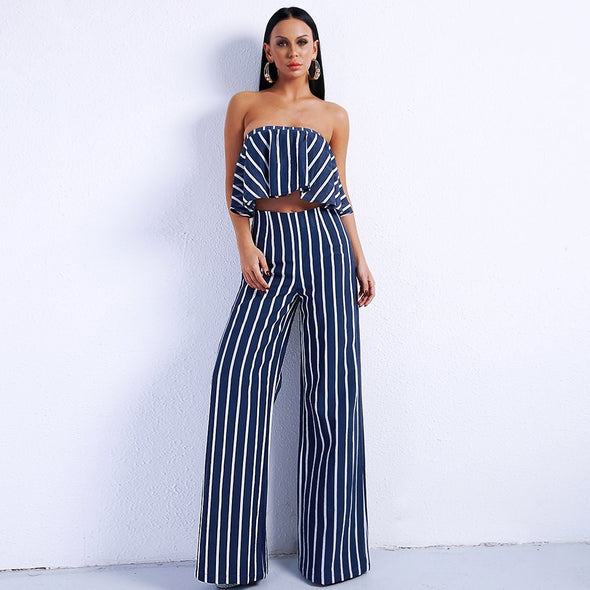 Women's two-piece striped tube top + straight pants suit