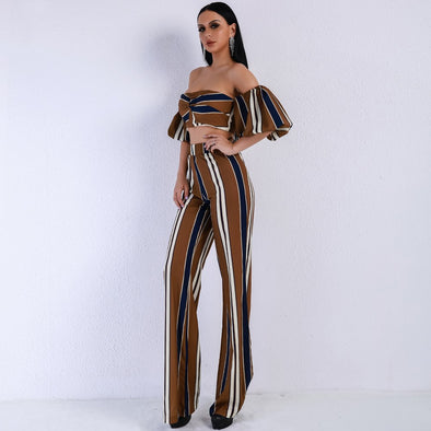 New suit female tube top puff sleeves + striped straight pants