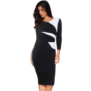 Hit Color Patchwork 3/4 Sleeve Slim Bodycon Dress