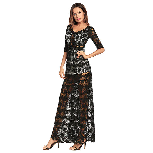 Lace Backless V-Neck  Sexy Hollow Out Split Maxi Dress