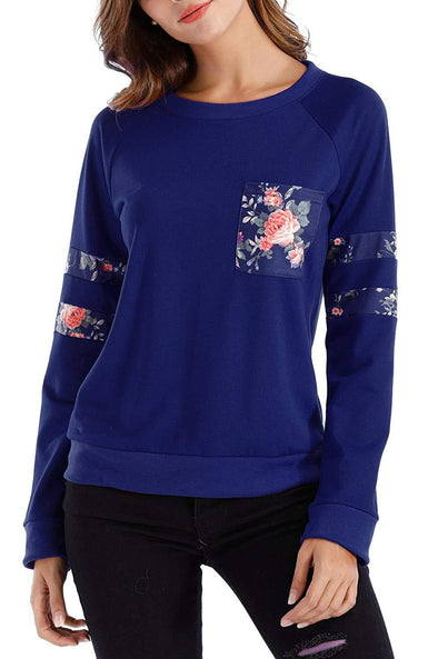 Pocket Printed Three-Sleeve Loose O-Neck Sweatshirt