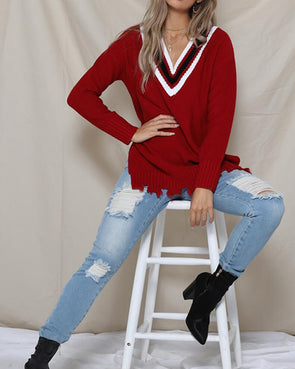 V-Neck Colorblock Long Sleeve Split-Knit Sweater