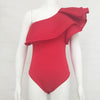 New Slash Neck Ruffled Solid Slim Bodysuit