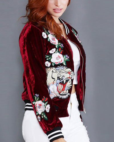 Embroidered Long Sleeve Velvet Short Coat