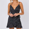 Deep V Collar Polka Dot Printed Belted Ruffled Vacation Dress