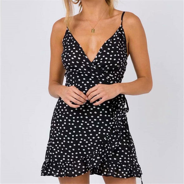 Deep V Collar Polka Dot Printed Belted Ruffled Vacation Dress