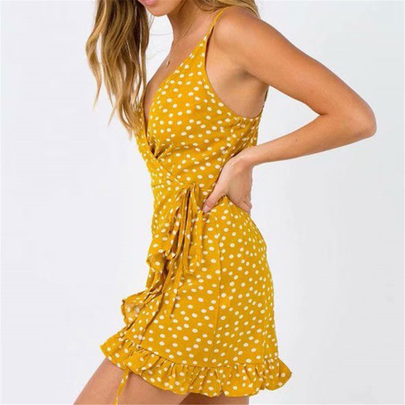 Deep V Collar Polka Dot Printed Belted Ruffled Vacation Dress