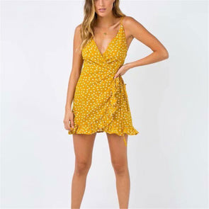 Deep V Collar Polka Dot Printed Belted Ruffled Vacation Dress