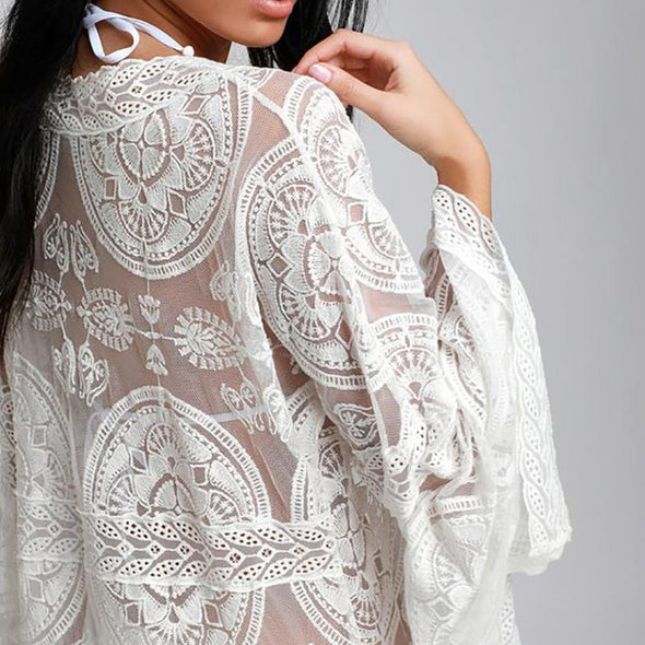 Women's Hook Cut Out Lace Long Bikini Suntan Cardigan