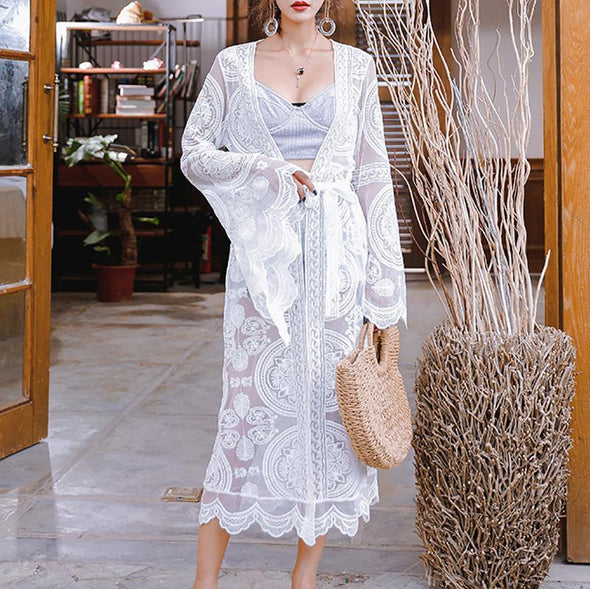 Women's Trumpet Sleeve Lace Medium Long Loose Sunscreen Cardigan