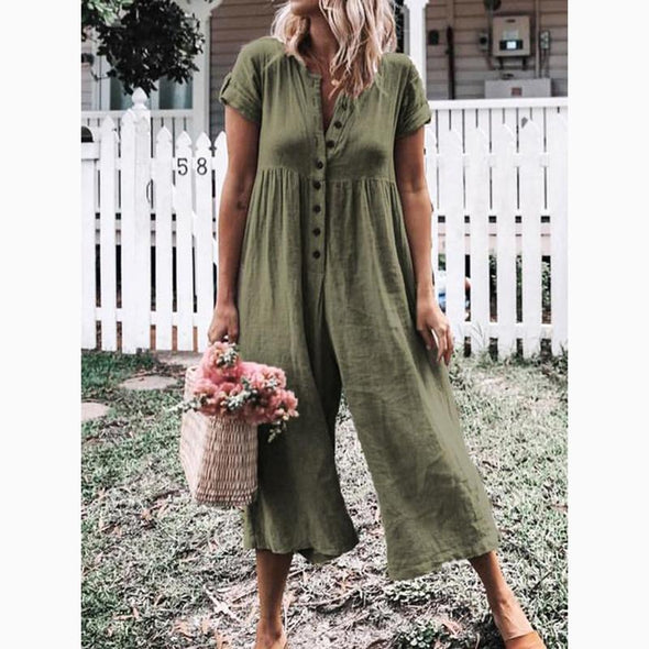 Women's Leisure Pure Color Buckle Short Sleeved Trousers Jumpsuit