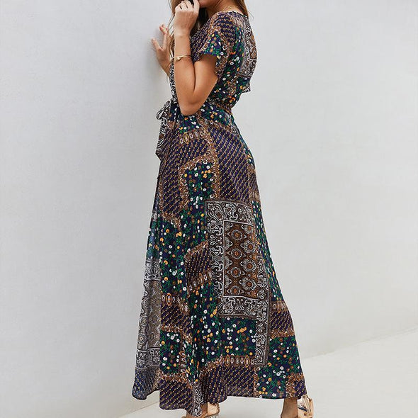 Women's Casual V Collar Short-Sleeved Bohemian Dress