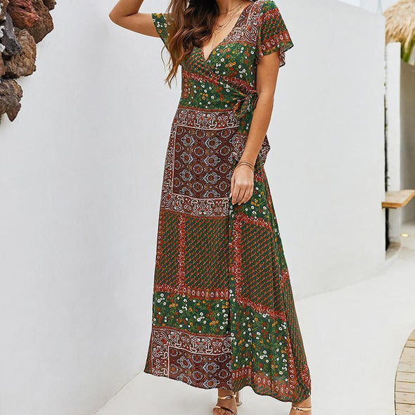 Women's Casual V Collar Short-Sleeved Bohemian Dress