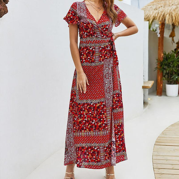 Women's Casual V Collar Short-Sleeved Bohemian Dress