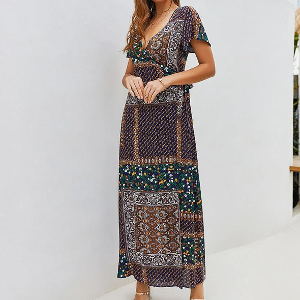 Women's Casual V Collar Short-Sleeved Bohemian Dress