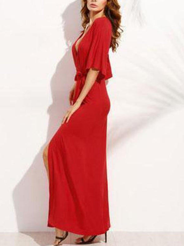 Deep V Collar Slit Belt Maxi Dress